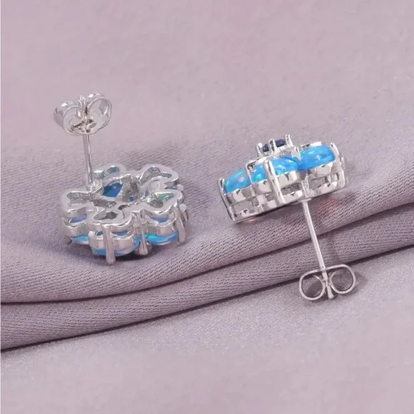Blue Opal Flower Stud Earrings - Picture 2 of 4